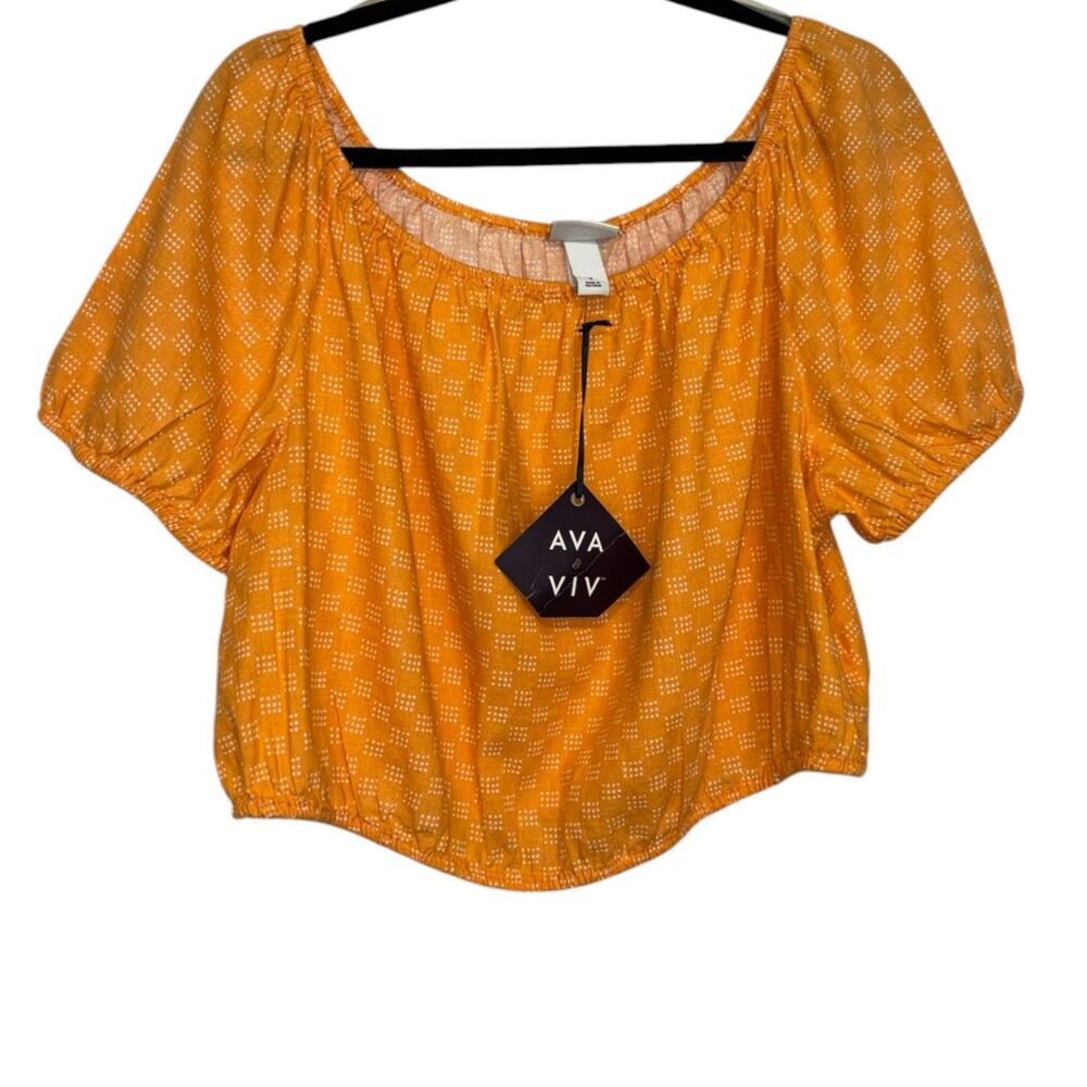 Ava & Viv Orange Peasant Crop Top Women Size X Puff Sleeve Smocked Blouse